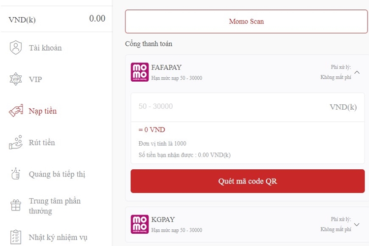 Nạp tiền qua Ví điện tử (Momo, Zalo, ViettelPay)